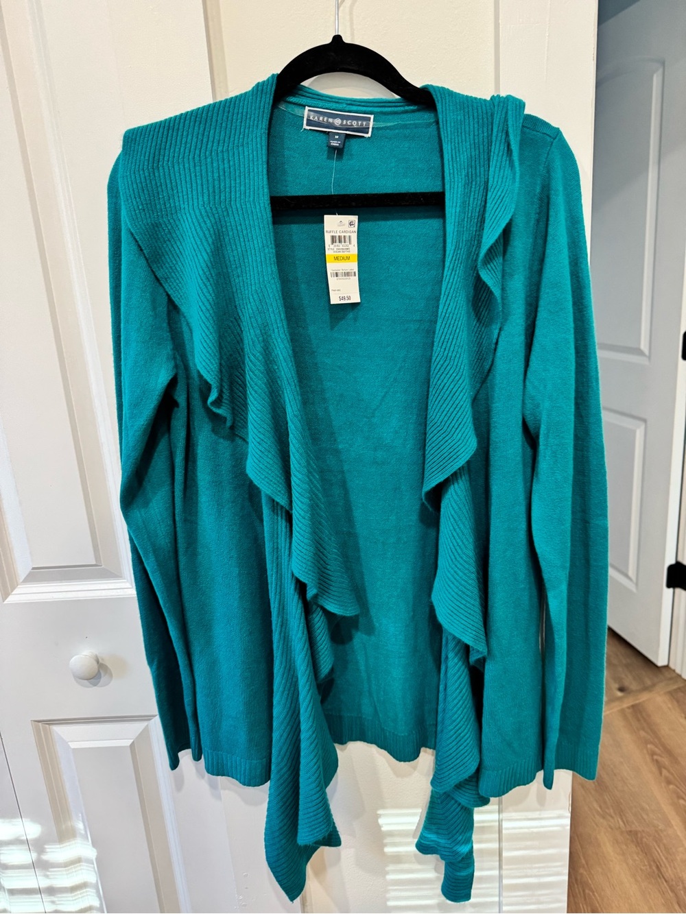 Karen Scott Teal Open-Front Ruffle Cardigan Sweater